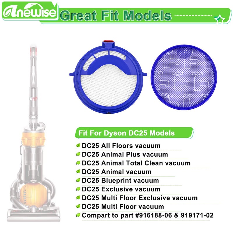 Anewise 2 Combo Pack Filter Kits for Dyson DC25 Vacuum Ball Filter Includes 2pcs 919171-02 Washable Pre-Motor Filter & 2pcs 916188-05 Post Motor HEPA Filter, Fits DC25 Models - Image 2